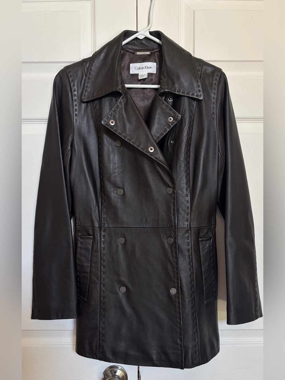 Calvin Klein Women’s XS Genuine Leather Double Breasted Coat Brown Long Jacket